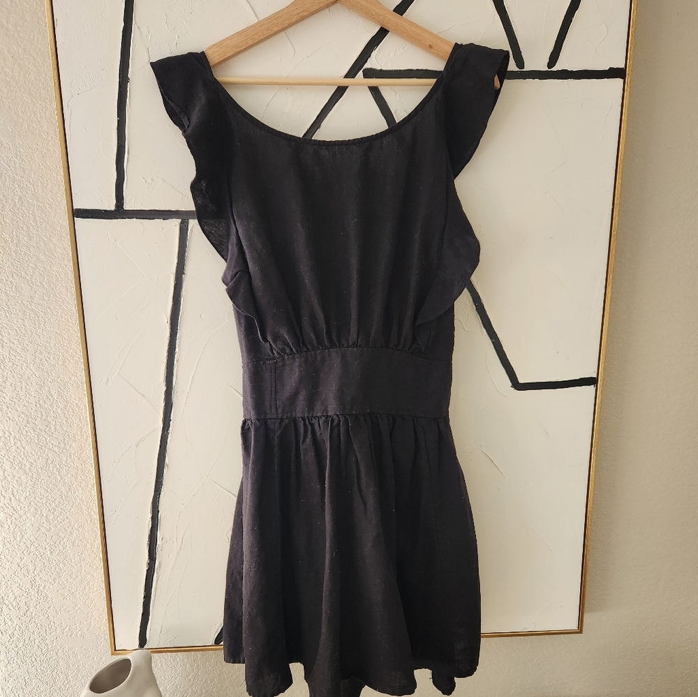 Free People Erin Mini Dress Open Back Linen Blend Coastal Black Boho Size M